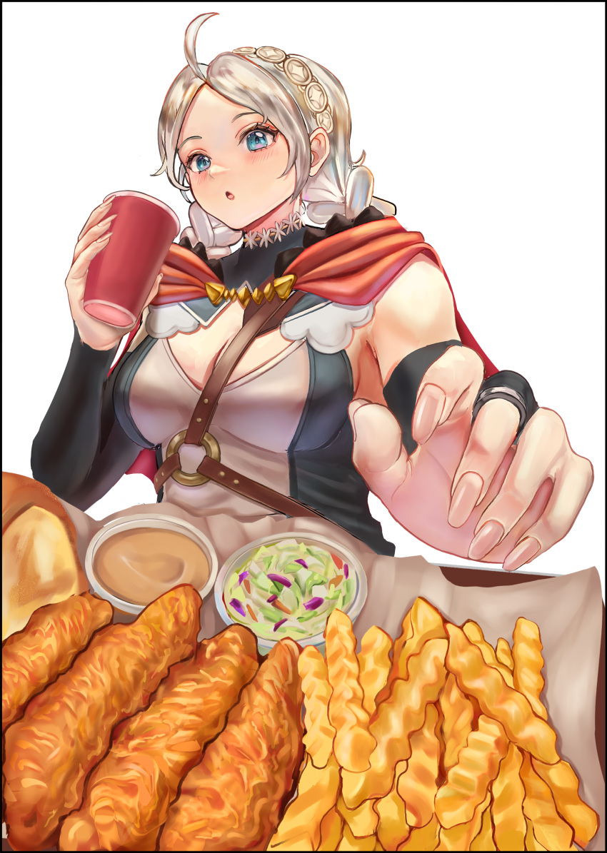 1girl absurdres ahoge axeloust bangs black_bridal_gauntlets blue_eyes braid breasts buttons capelet chest_harness chicken_fingers choker coleslaw commission commissioner_upload cowlick crinkle-cut_fries cup fast_food fire_emblem fire_emblem_fates flower_choker food foreshortening french_fries fried_chicken hairband harness highres holding holding_cup hood hooded_capelet leather low_twin_braids medium_breasts nina_(fire_emblem) non-web_source o-ring open_mouth parted_bangs raising_cane's_chicken_fingers red_capelet red_hood sauce solo_focus turtleneck twin_braids two-tone_shirt white_background white_choker white_hair white_hairband