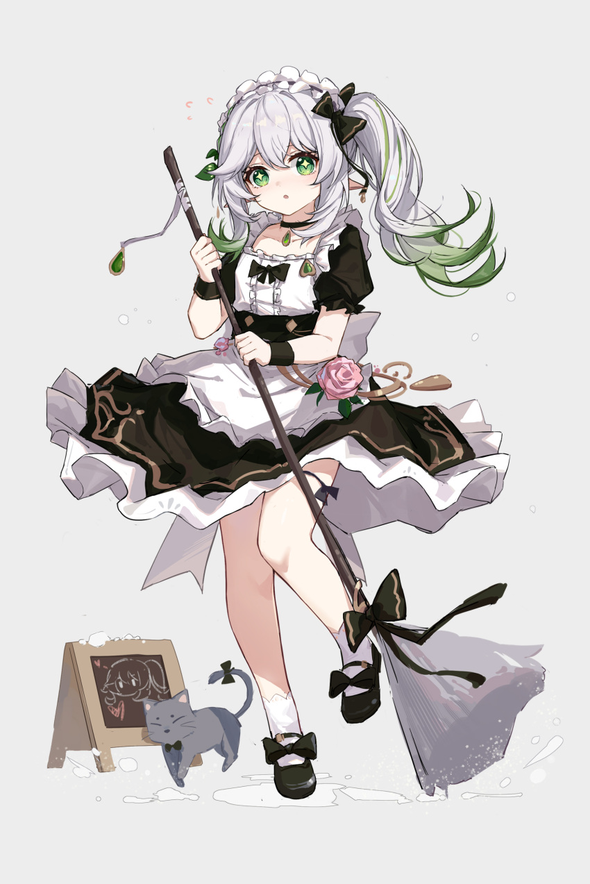 1girl absurdres alternate_costume apron bangs black_bow black_footwear board bow breasts cat flower full_body genshin_impact green_eyes grey_background grey_hair highres looking_at_viewer maid maid_apron maid_headdress mary_janes multicolored_hair nahida_(genshin_impact) open_mouth pink_flower shoes short_hair short_sleeves side_ponytail simple_background small_breasts socks solo streaked_hair wet_floor white_socks yajuu