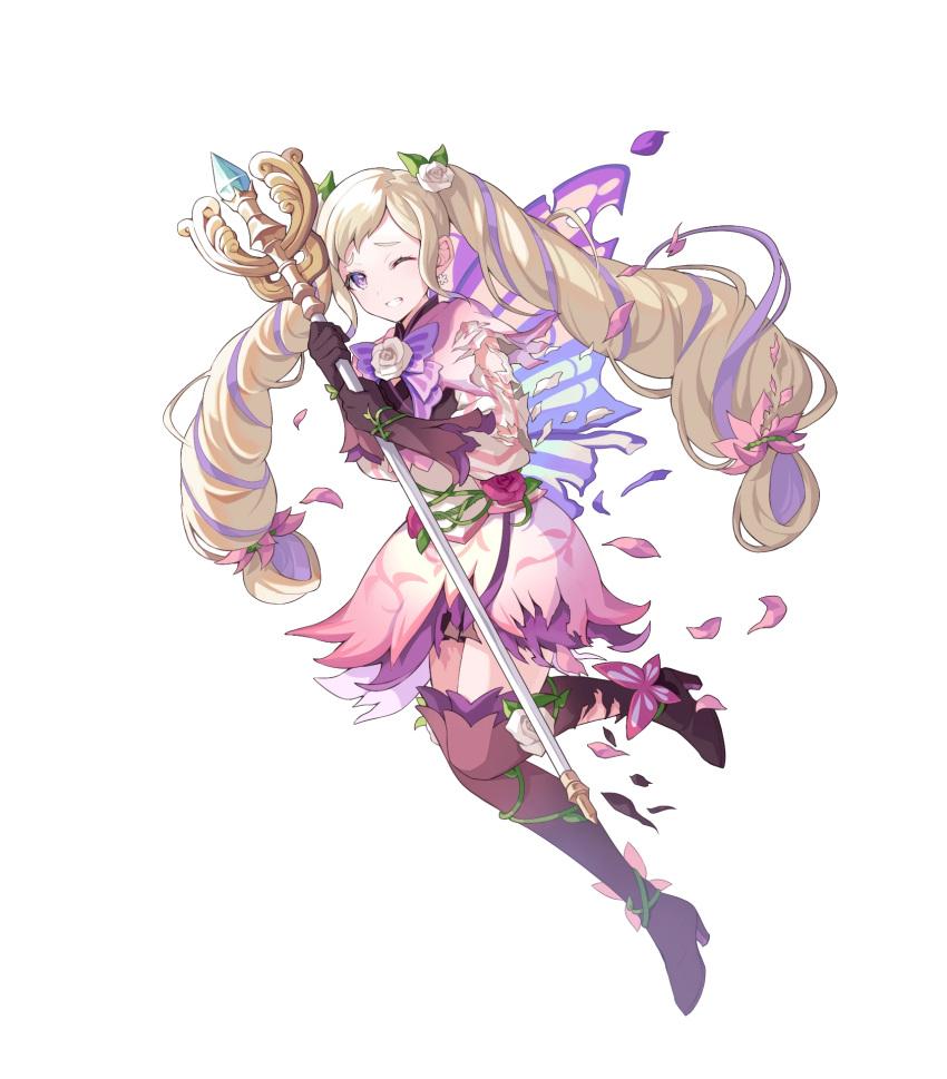 1girl alternate_costume bangs blonde_hair boots clenched_teeth dress earrings elise_(fire_emblem) fairy_wings fire_emblem fire_emblem_fates fire_emblem_heroes flower full_body gloves gradient gradient_clothes hair_ornament highres holding jewelry layered_skirt leg_up long_hair long_sleeves multicolored_hair non-web_source official_art one_eye_closed parted_lips petals pleated_skirt purple_eyes purple_hair ringozaka_mariko shiny shiny_hair short_dress skirt solo staff striped teeth thigh_boots torn_clothes torn_footwear torn_sleeves transparent_background twintails two-tone_hair vertical_stripes wings zettai_ryouiki