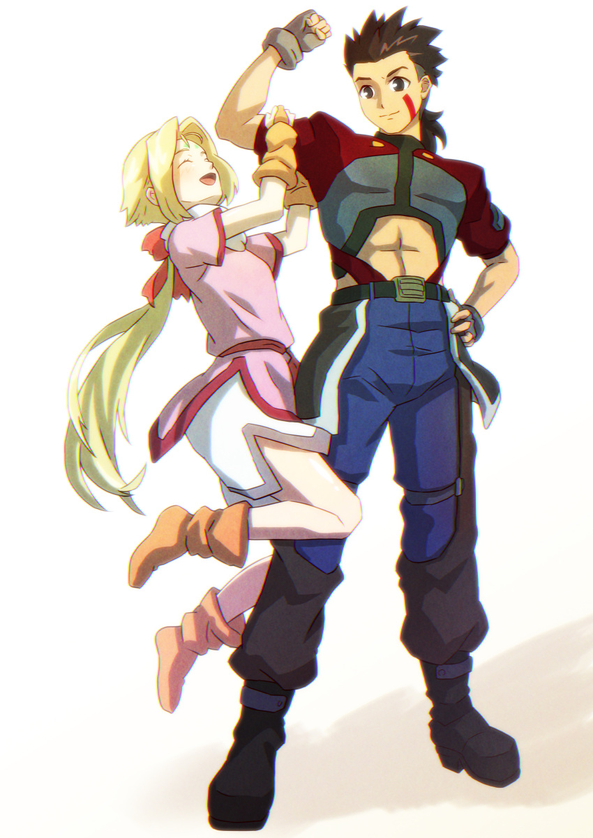 1boy 1girl abs absurdres belt black_belt black_footwear blonde_hair blue_pants boots brown_footwear brown_gloves brown_hair chaps clothing_cutout fingerless_gloves fiona_(zoids) gloves grey_gloves hand_on_hip highres ibuki_sakura_(sgw_v07) jacket long_hair low_ponytail pants pink_shirt ponytail red_jacket shirt shorts smile stomach_cutout time_paradox undercut van_flyheight white_shorts zoids zoids_chaotic_century