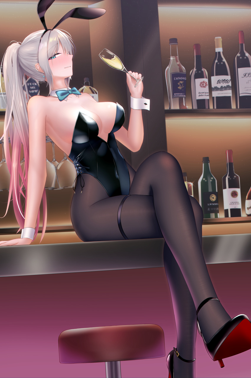 1girl absurdres alcohol animal_ears bar_(place) black_leotard black_pantyhose blue_bow blue_bowtie blue_eyes bottle bow bowtie breasts counter detached_collar girls'_frontline grey_hair highres ikarobu large_breasts leotard long_hair lwmmg_(girls'_frontline) pantyhose playboy_bunny ponytail rabbit_ears rabbit_tail sitting solo stool strapless strapless_leotard tail wrist_cuffs