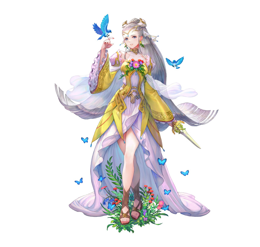 1girl absurdres alternate_costume animal bird blue_eyes breasts bug butterfly commentary_request covered_collarbone dagger detached_sleeves dress earrings eir_(fire_emblem) fire_emblem fire_emblem_heroes flower flower_earrings frills full_body gold_trim grey_hair haccan hair_ornament highres holding holding_weapon jewelry knife long_dress long_hair looking_at_viewer medium_breasts official_art parted_lips ponytail sandals see-through shiny shiny_hair simple_background smile standing tiara toeless_footwear toes very_long_hair weapon white_background wide_sleeves