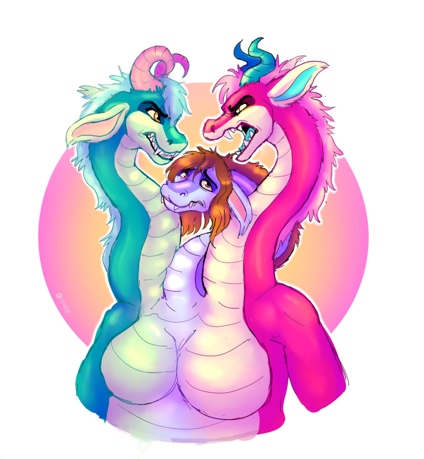 3_heads angry anthro breasts dragon featureless_breasts female green_body hi_res horn hydra implied_transformation mane multi_head nude purple_body red_body simple_background solo tf4me white_background