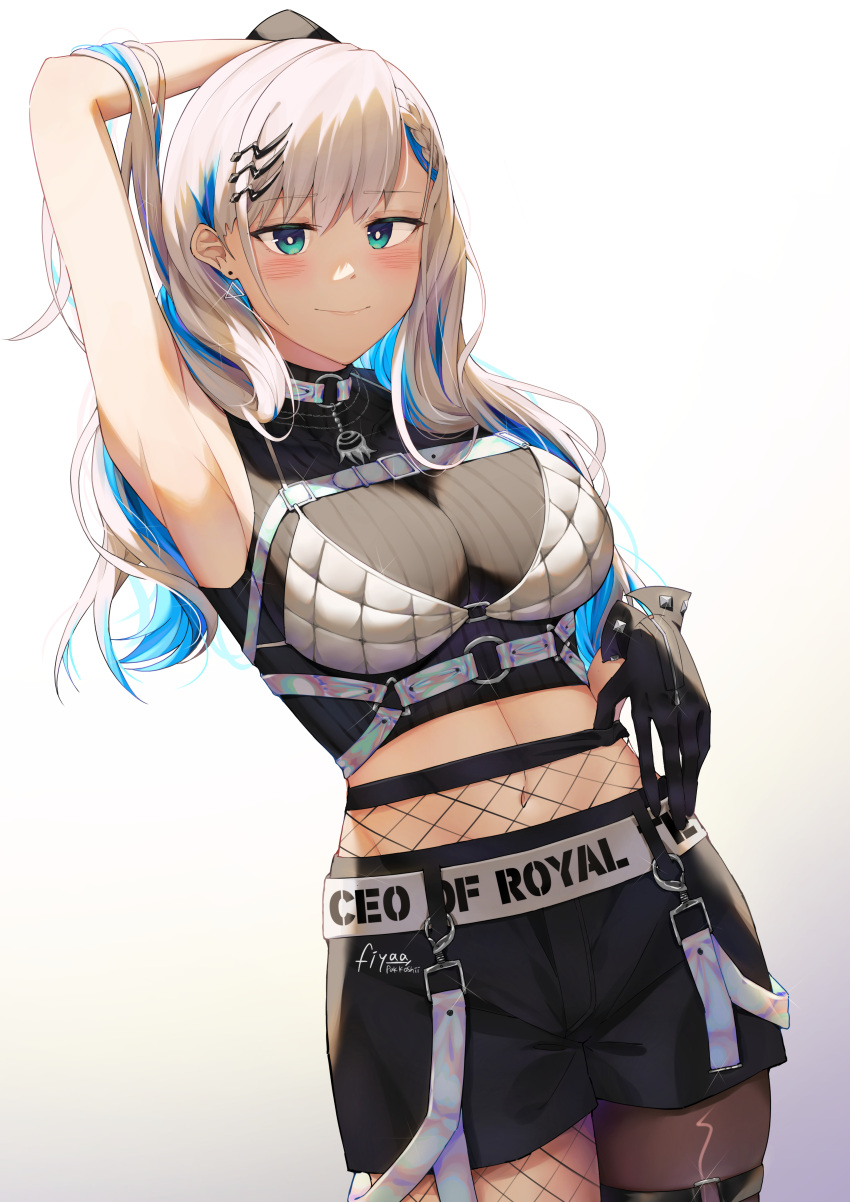 1girl absurdres aqua_eyes arm_up armpits blue_hair blush braid breasts chest_belt colored_inner_hair crop_top earrings fishnets fiyaa_(pakkoshii) french_braid gloves grey_hair hair_ornament hairclip highres hololive hololive_indonesia jewelry large_breasts legwear_under_shorts looking_at_viewer midriff multicolored_hair navel official_alternate_costume pantyhose pavolia_reine presenting_armpit shorts simple_background sleeveless solo virtual_youtuber