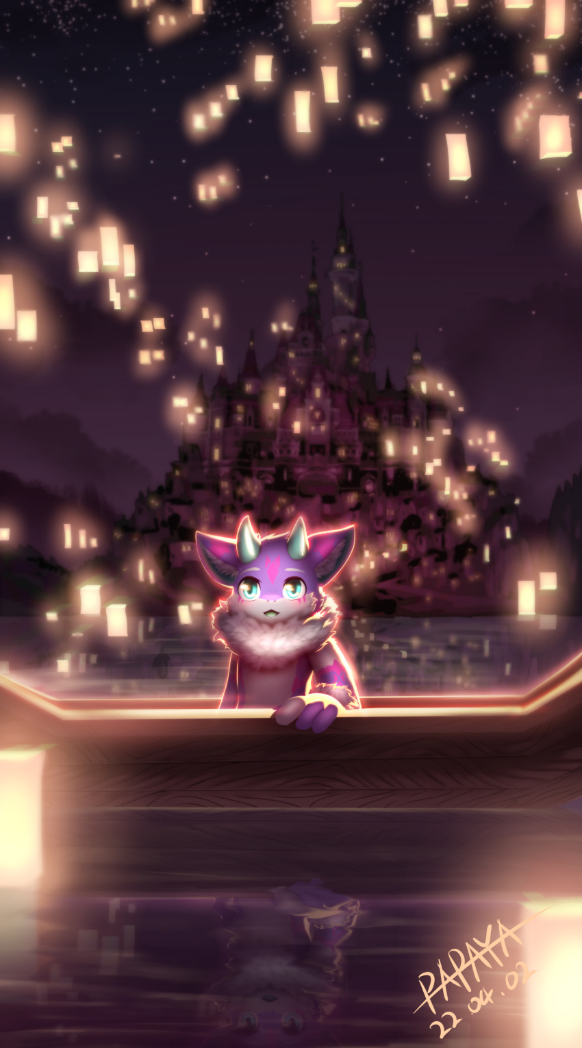 2022 absurd_res ambiguous_gender anthro blue_eyes blue_horn blue_tongue castle chibi dated front_view fur glistening glistening_eyes hi_res horn lamp lantern mountain multicolored_body multicolored_fur night nude open_mouth papayafurry pink_body pink_fur purple_body purple_fur reflection signature sky solo species_request tongue water white_body white_fur