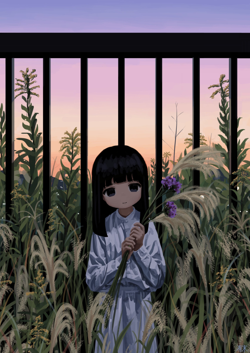 1girl absurdres artist_name bangs black_eyes black_hair blunt_bangs blunt_ends buttons clear_sky cowboy_shot evening fence field flower gradient_sky grass hands_up highres holding holding_flower holding_plant long_sleeves looking_at_viewer medium_hair no_nose original outdoors overgrown plant purple_flower sa1bi shirt skirt skirt_set sky smile solo standing straight_hair tall_grass weeds white_shirt white_skirt