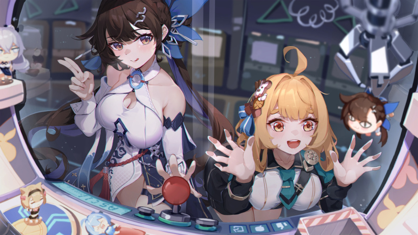 2girls :d ahoge arcade arcade_cabinet arcade_stick asc11 bangs bare_shoulders black_jacket blonde_hair breasts bronya_zaychik bronya_zaychik_(silverwing:_n-ex) brown_eyes brown_hair character_request chinese_clothes cleavage cleavage_cutout closed_mouth clothing_cutout controller crane_game game_controller green_necktie griseo hair_ornament highres honkai_(series) honkai_impact_3rd jacket joystick li_sushang li_sushang_(jade_knight) licking_lips multiple_girls necktie open_mouth pardofelis_(honkai_impact) smile tongue tongue_out yellow_eyes