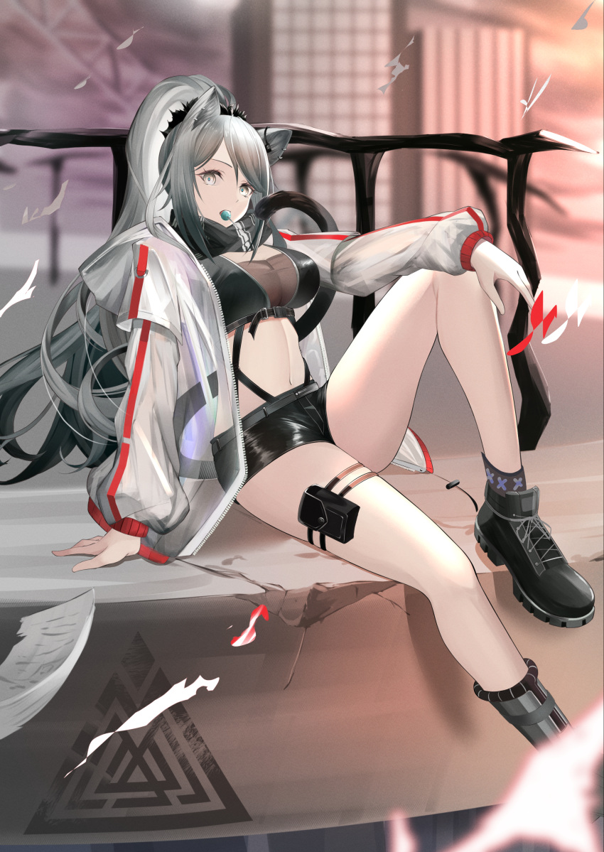 1girl absurdres animal_ears arknights black_footwear black_shirt black_shorts breasts building candy cat_ears cat_girl cleavage crop_top evening food food_in_mouth grey_hair highres infection_monitor_(arknights) jacket knee_up large_breasts lollipop long_hair long_sleeves midriff mouth_hold navel open_clothes open_jacket outdoors ponytail railing schwarz_(arknights) see-through see-through_jacket shirt short_shorts shorts sitting skyscraper solo tenmu_miyabi thigh_pouch very_long_hair white_jacket yellow_eyes