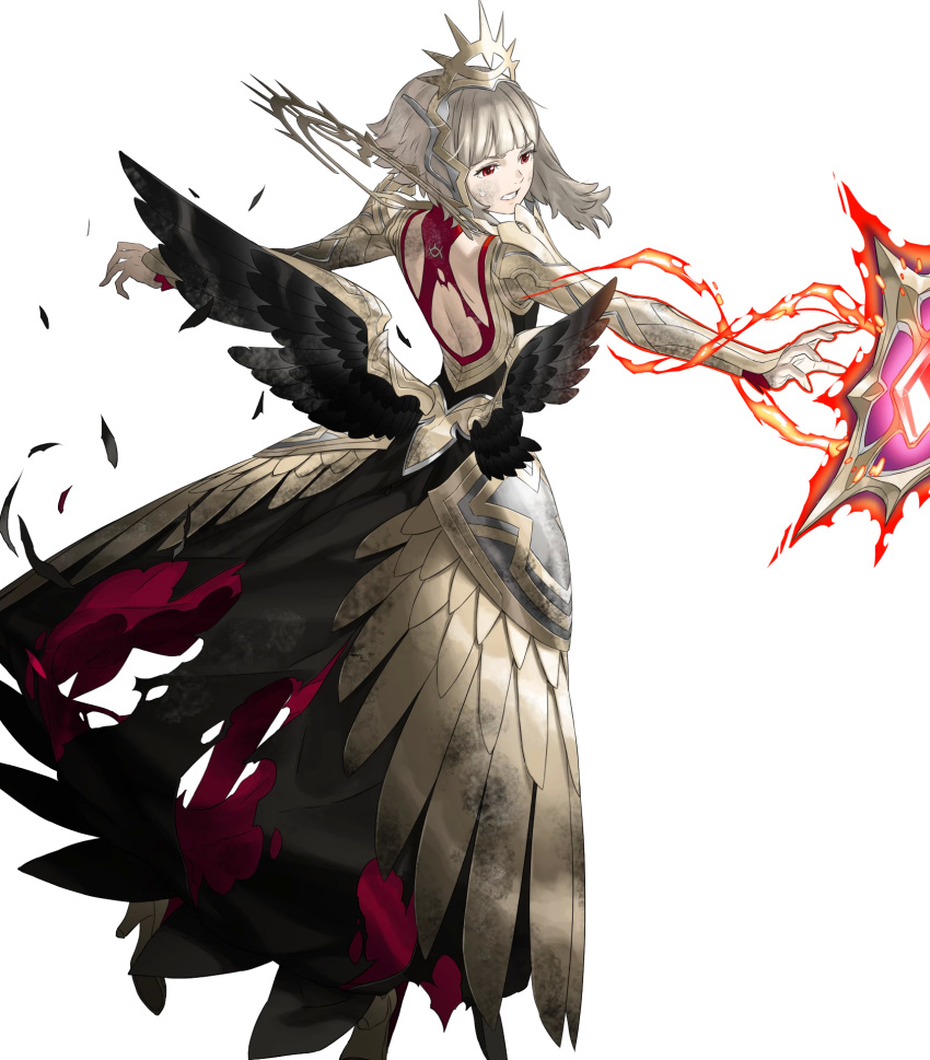 1girl alternate_costume alternate_hair_length alternate_hairstyle bangs black_dress book dress fire_emblem fire_emblem_heroes floating floating_object full_body gold_trim grey_hair highres holding jewelry kozaki_yuusuke long_dress long_skirt long_sleeves looking_away magic non-web_source official_art outstretched_arms parted_lips red_eyes shiny shiny_hair short_hair skirt solo spread_arms tiara torn_clothes torn_dress torn_skirt transparent_background veronica_(fire_emblem) wings