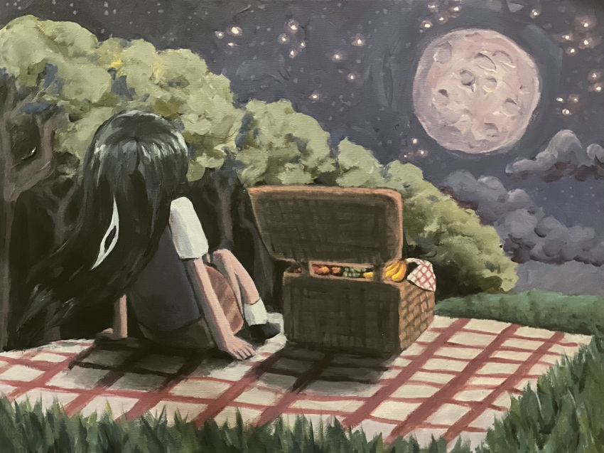 1girl acrylic_paint_(medium) arm_support banana black_hair blanket catac0l checkered_blanket food from_behind fruit highres long_hair mari_(omori) night omori outdoors painting_(medium) picnic picnic_basket pleated_skirt red_skirt short_sleeves sitting skirt socks solo something_(omori) spoilers traditional_media tree white_socks