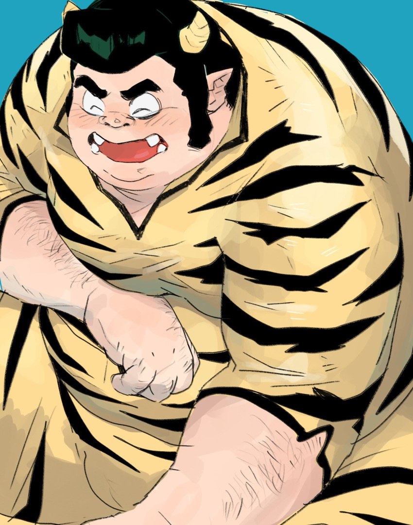 2022 belly big_belly biped blue_background blush clothed clothing eaka eyes_closed hi_res horn horned_humanoid humanoid humanoid_hands lum's_father male mature_male overweight overweight_male simple_background solo urusei_yatsura