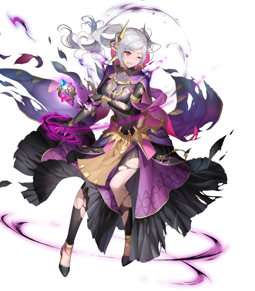 1girl aura bangs black_dress black_footwear bracelet breasts bridal_gauntlets cape covered_navel dark_aura dress fire_emblem fire_emblem_awakening fire_emblem_heroes floating floating_object full_body glowing hair_ornament highres jewelry loincloth long_hair long_skirt long_sleeves looking_away medium_breasts non-web_source official_art okuma_mai one_eye_closed parted_lips red_eyes robin_(fire_emblem) robin_(fire_emblem)_(female) shiny shiny_hair shoes skirt solo stone torn_clothes torn_dress torn_skirt torn_sleeves transparent_background turtleneck twintails white_hair