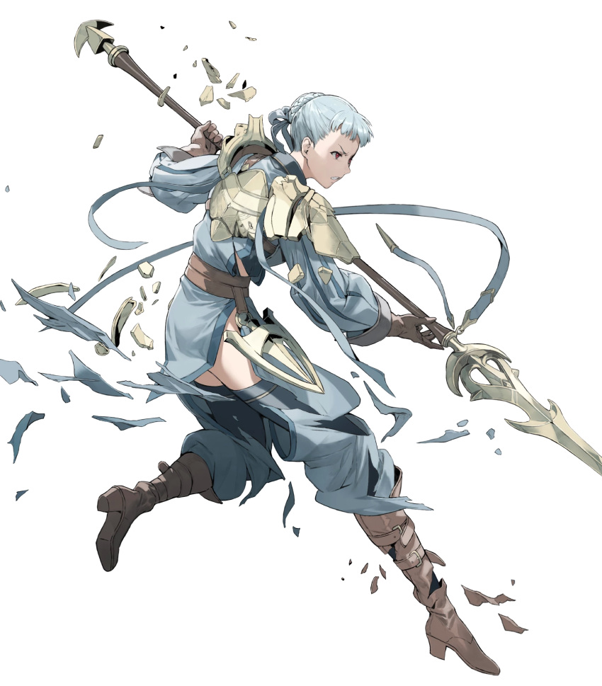 1girl armor bangs blue_hair boots bow bowtie braid breastplate broken_armor clenched_teeth dress elbow_gloves fire_emblem fire_emblem_awakening fire_emblem_heroes french_braid full_body gloves hair_bun highres hirooka_masaki holding holding_polearm holding_weapon knee_boots long_sleeves looking_away non-web_source official_art parted_lips phila_(fire_emblem) polearm puffy_sleeves red_eyes shiny shiny_hair short_dress shoulder_armor solo spear striped teeth thighhighs torn_clothes torn_footwear transparent_background vertical_stripes weapon