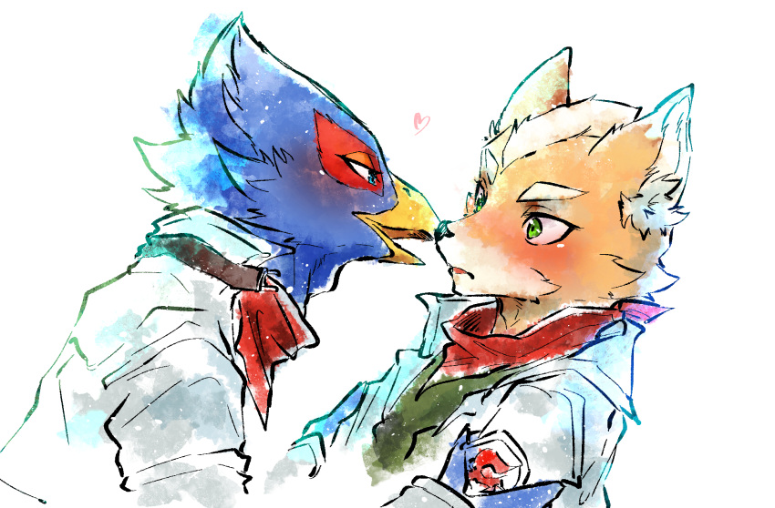 &lt;3 anthro avian beak bird blue_body canid canine clothed clothing duo falco_lombardi fox fox_mccloud fur hi_res jacket kissing male male/male mammal nintendo orange_body orange_fur ryeono_kemo scarf star_fox topwear video_games