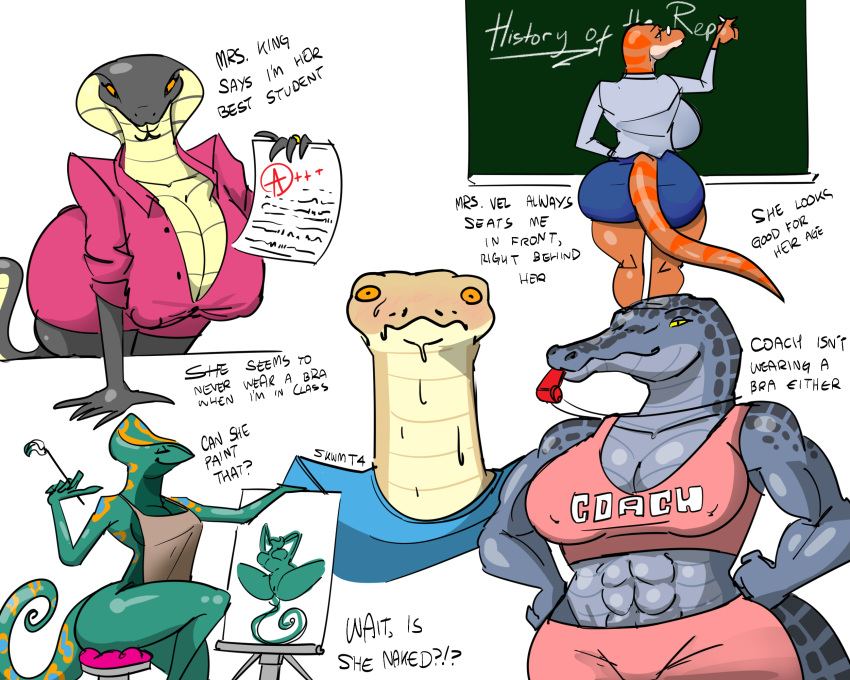 anthro big_breasts big_butt bodily_fluids breasts butt chalkboard chameleon cobra crocodilian dinosaur dromaeosaurid elapid_(snake) female flustered group hi_res jay_scales king_cobra lizard male male/female muscular python reptile scalie skwmt4 snake sweat teacher theropod velociraptor wide_hips