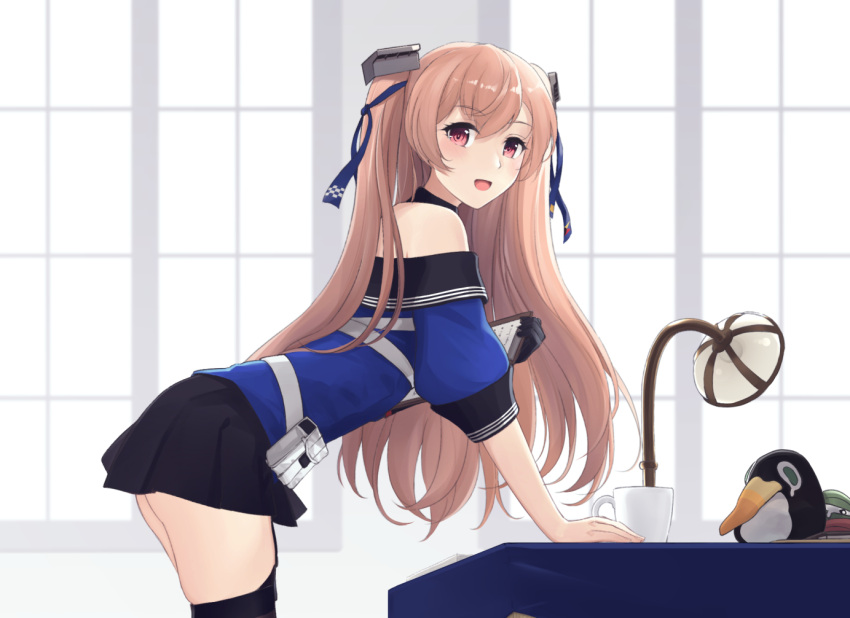 1girl black_gloves black_skirt black_thighhighs blue_shirt blush breasts brown_eyes failure_penguin gloves johnston_(kancolle) kantai_collection light_brown_hair long_hair looking_at_viewer medium_breasts miniskirt odachu off_shoulder open_mouth pleated_skirt red_eyes school_uniform serafuku shirt single_glove skirt solo thighhighs two_side_up