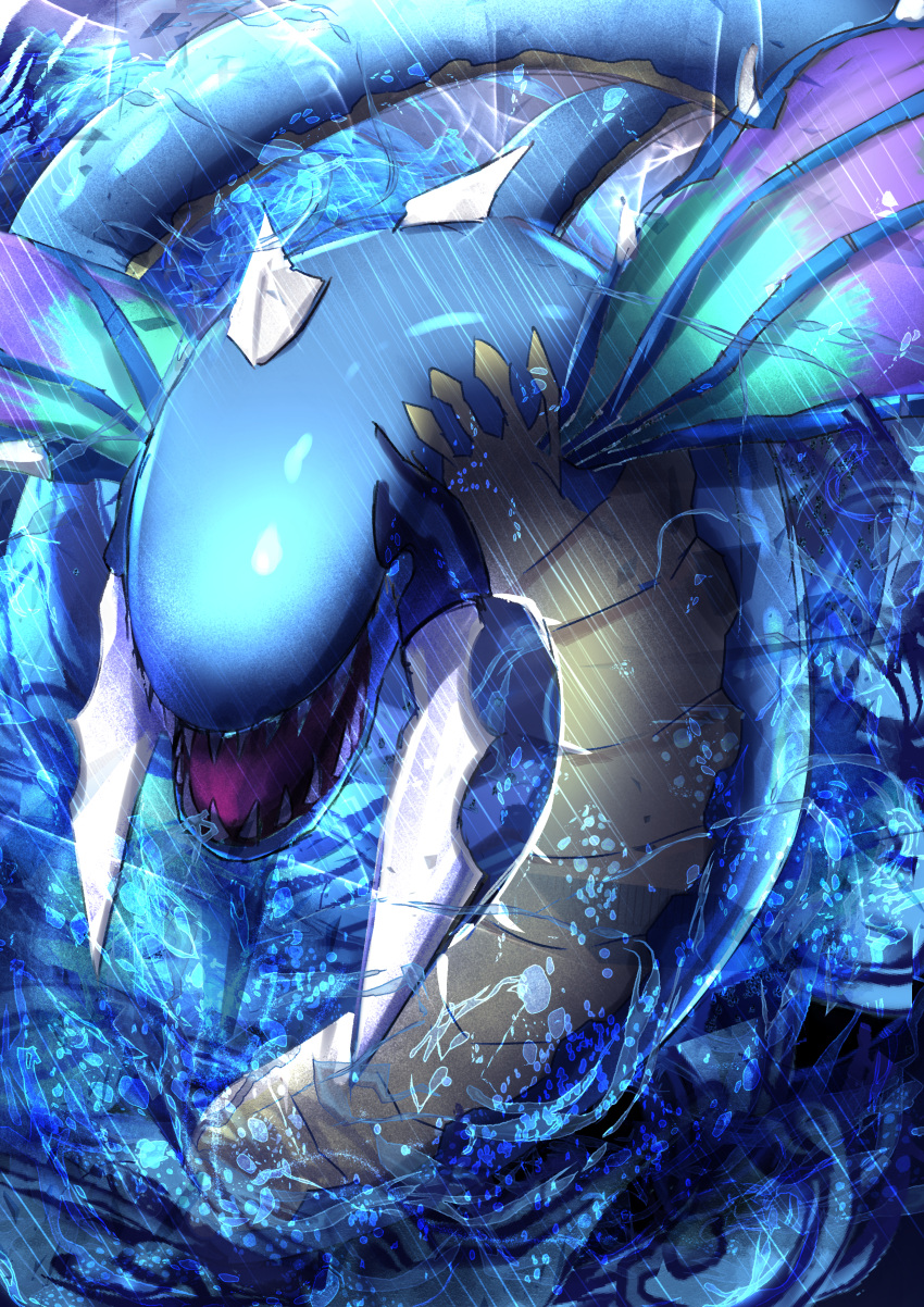 absurdres asaki_618 duel_monster highres horns in_water monster multicolored_wings no_humans ocean ocean_dragon_lord_-_kairyu-shin open_mouth rain sea_monster sea_serpent sharp_teeth solo teeth wings yu-gi-oh!