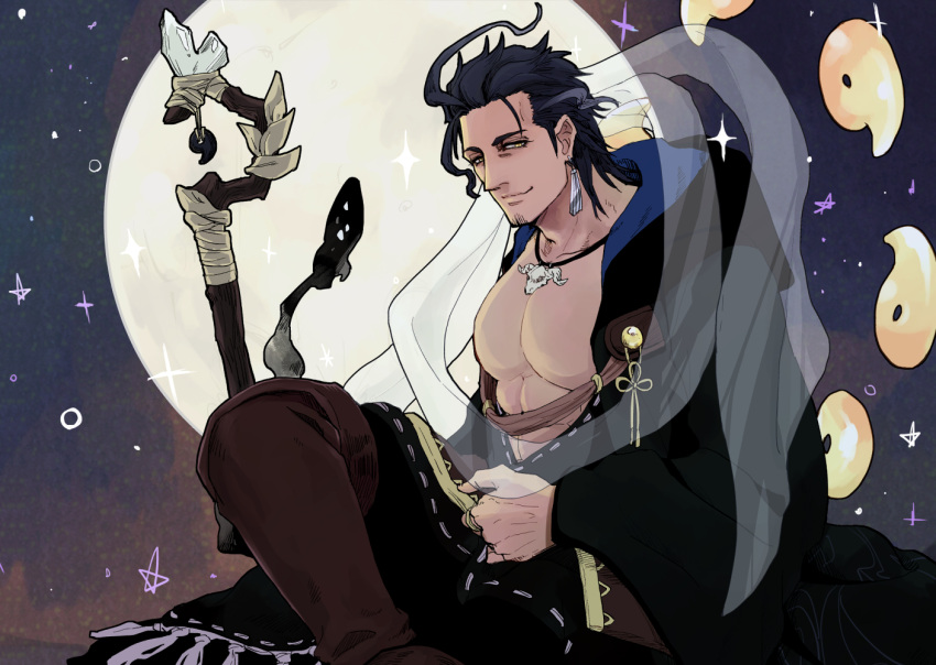 1boy ahoge animal_skull bara blue_hair boots brown_footwear closed_mouth commentary_request dark_blue_hair earrings facial_hair goatee gold_trim half-closed_eyes holding holding_staff jewelry large_pectorals long_sideburns magatama male_focus moon muscular muscular_male necklace open_clothes open_robe pectorals robe short_hair sideburns single_earring skull_necklace smile solo staff star_(sky) stubble take_(zn_105) tassel tassel_earrings tokyo_afterschool_summoners tsukuyomi_(housamo) upper_body yellow_eyes