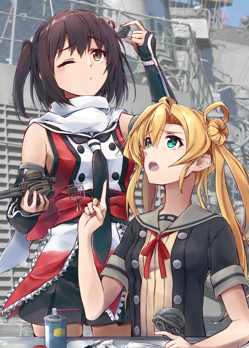 2girls abukuma_(kancolle) abukuma_kai_ni_(kancolle) bangs black_gloves black_hair black_jacket black_skirt blonde_hair blue_eyes brown_eyes cowboy_shot double_bun elbow_gloves fingerless_gloves gloves grey_sailor_collar hair_between_eyes hair_bun hair_rings highres jacket kantai_collection long_hair minosu multiple_girls neck_ribbon orange_shirt photo_background red_ribbon ribbon sailor_collar scarf school_uniform sendai_(kancolle) sendai_kai_ni_(kancolle) serafuku shirt short_sleeves simple_background skirt sleeveless sleeveless_shirt spray_can standing two_side_up upper_body wd-40 white_background white_scarf