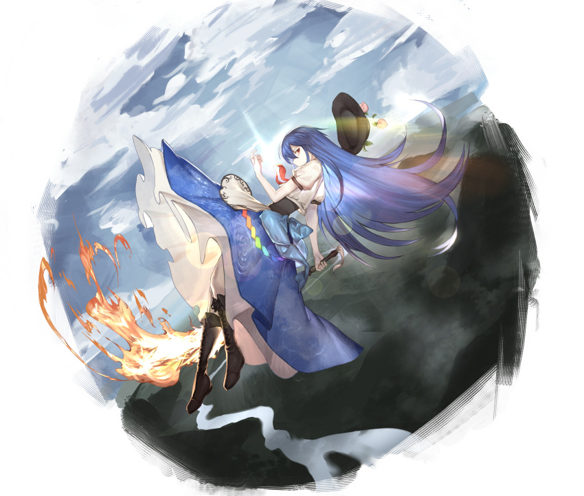 1girl above_clouds absurdres arknights black_headwear blue_hair blue_skirt boots cloud crossover flaming_sword flaming_weapon food from_side fruit full_body hand_up hat_ornament highres hinanawi_tenshi holding holding_sword holding_weapon looking_at_viewer peach red_eyes shide shirt short_sleeves skirt solo sword sword_of_hisou touhou transparent_background wb_yimo weapon white_shirt yin_yang