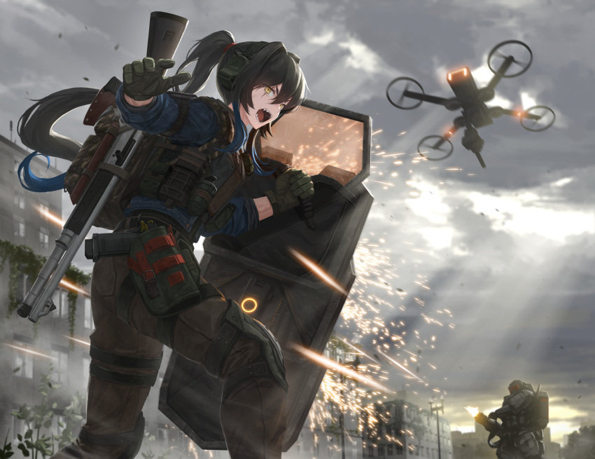 1boy 1girl armor ballistic_shield bangs benelli_m4 black_hair brown_pants building commentary_request commission drone explosive gatling_gun gloves green_gloves grenade gun hair_between_eyes handgun headset highres holding holding_shield holster holstered_weapon long_hair minigun open_mouth outdoors overcast pants pixiv_request ponytail shield shotgun staccato_2011 tactical_clothes thigh_holster tom-neko_(zamudo_akiyuki) tom_clancy's_the_division tracer_fire weapon yellow_eyes