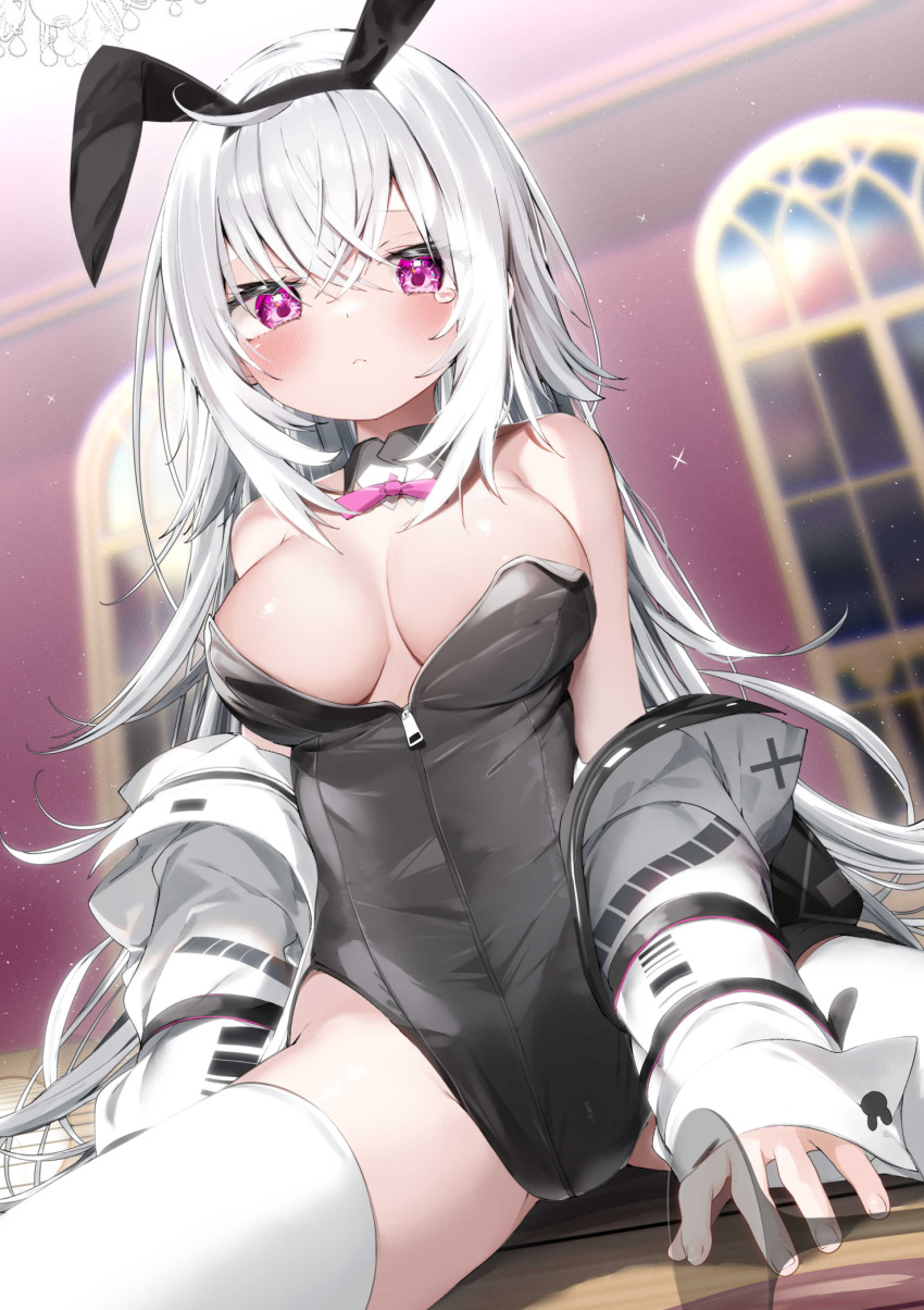 1girl animal_ears bangs black_hairband black_jacket black_leotard blurry blurry_background breasts closed_mouth commentary_request depth_of_field grey_hair hair_between_eyes hairband highres indoors jacket kamioka_shun'ya large_breasts leotard long_hair long_sleeves looking_at_viewer off_shoulder open_clothes open_jacket original purple_eyes rabbit_ears shiori_(kamioka_shun'ya) sleeves_past_wrists solo spread_legs strapless strapless_leotard tears thighhighs very_long_hair white_thighhighs window