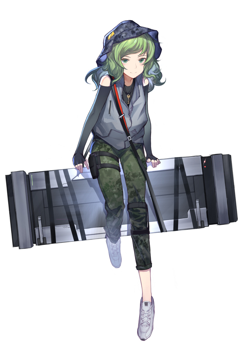 1girl absurdres alternate_costume arknights black_gloves black_tank_top blue_headwear blue_jacket blush box camouflage camouflage_headwear camouflage_pants closed_mouth cross-laced_footwear elbow_gloves fingerless_gloves full_body gameplay_mechanics gloves green_eyes green_hair green_pants hat highres jacket key looking_at_viewer medium_hair pants partially_unzipped shoelaces shoes sleeveless sleeveless_jacket smile solo tank_top touhou wavy_hair wb_yimo white_footwear yamashiro_takane