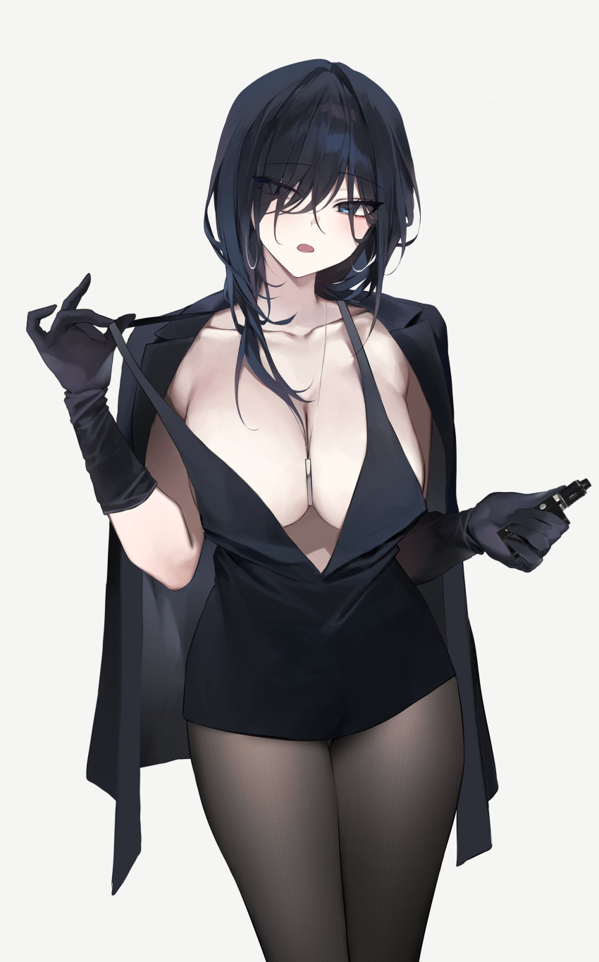 1girl absurdres bara_(03_bara_) black_dress black_hair blue_eyes breasts brown_eyes clothes_lift collarbone dress gloves hair_between_eyes hair_over_eyes highres holding jacket large_breasts looking_at_viewer medium_hair open_clothes open_jacket open_mouth original pantyhose plunging_neckline simple_background yokoyama_ishimi