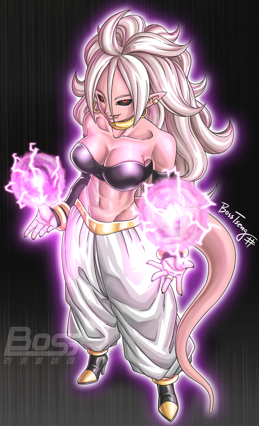 1girl abs absurdres android_21 baggy_pants bandeau black_sclera bosstseng breasts cleavage collarbone colored_sclera detached_sleeves dragon_ball dragon_ball_fighterz ear_piercing earrings energy_ball full_body groin highres jewelry large_breasts majin_android_21 neck_ring pants piercing pointy_ears red_eyes signature smile solo tail tongue tongue_out watermark