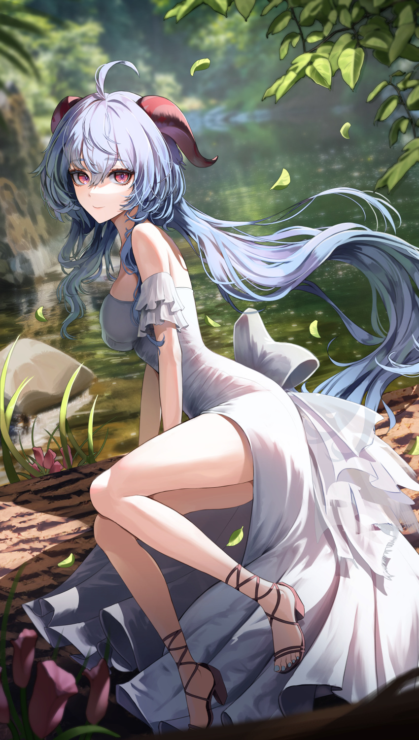 1girl absurdres ahoge alternate_costume arm_support bangs bare_legs bare_shoulders blue_hair blurry blurry_background breasts closed_mouth day depth_of_field dress dutch_angle falling_leaves floating_hair full_body ganyu_(genshin_impact) genshin_impact goat_horns gradient_eyes hair_between_eyes high_heels highres horns leaf leaning_to_the_side long_hair looking_at_viewer medium_breasts multicolored_eyes nail_polish nature outdoors plant purple_eyes rock sandals see-through short_sleeves sidelocks sitting smile solo thighs toenail_polish toenails tree water white_dress yoonsol