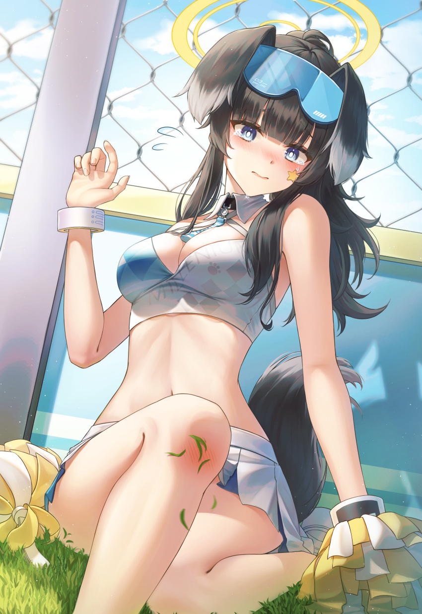 1girl absurdres bangs bare_arms bare_legs bare_shoulders black_hair blue_archive blue_eyes blue_sky blunt_bangs breasts chain-link_fence cleavage cloud commentary crop_top day facial_mark fence foot_out_of_frame goggles goggles_on_head halo halterneck hand_up head_tilt hibiki_(blue_archive) highres large_breasts long_hair looking_at_viewer midriff miniskirt navel outdoors pleated_skirt pom_pom_(cheerleading) sitting skirt sky solo soo_ou star_(symbol) stomach tail tears thighs white_skirt