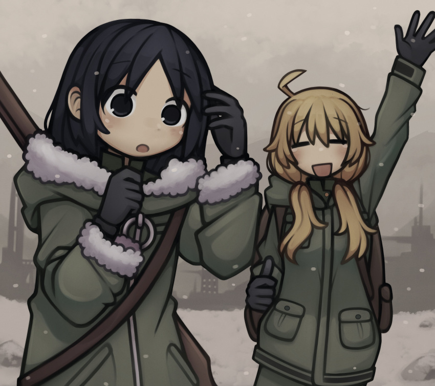 2girls =_= absurdres ahoge arm_up backpack bag black_eyes black_gloves black_hair blush chito_(shoujo_shuumatsu_ryokou) closed_eyes coat gloves green_coat green_pants highres long_hair long_sleeves mafurara multiple_girls open_mouth pants parted_lips shoujo_shuumatsu_ryokou smile snow snowing yuuri_(shoujo_shuumatsu_ryokou)