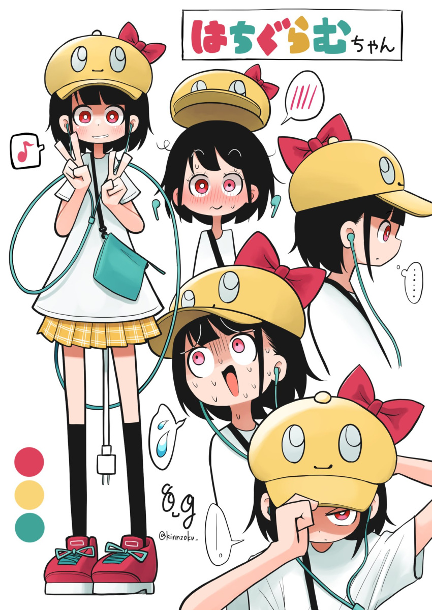 ... 1girl adjusting_clothes adjusting_headwear baseball_cap black_hair black_socks blush bow bright_pupils closed_mouth double_v earbuds earphones flying_sweatdrops grin hat highres kinnzoku kneehighs looking_at_viewer looking_away musical_note open_mouth original parted_lips red_bow red_eyes red_footwear shoes short_hair smile sneakers socks speech_bubble spoken_blush spoken_ellipsis spoken_flying_sweatdrops spoken_musical_note teeth thought_bubble translation_request v white_pupils yellow_headwear