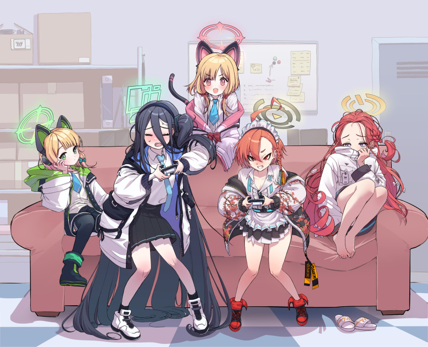 5girls absurdly_long_hair absurdres arisu_(blue_archive) barefoot black_footwear black_hair black_skirt blonde_hair blue_archive blue_necktie blush chjune119 closed_eyes collared_shirt commentary_request controller couch feet game_controller green_eyes grey_eyes halo highres holding holding_controller holding_game_controller indoors jacket knees_together_feet_apart knees_up leaning_forward legs_together long_hair long_sleeves maid_headdress medium_hair midori_(blue_archive) mixed-language_commentary momoi_(blue_archive) multiple_girls necktie neru_(blue_archive) on_couch open_clothes open_jacket orange_hair pigeon-toed playing_games pleated_skirt red_eyes red_footwear red_hair shirt shoes short_hair sitting skirt slippers slippers_removed standing sweatdrop tile_floor tiles toes very_long_hair white_footwear white_shirt yuzu_(blue_archive)