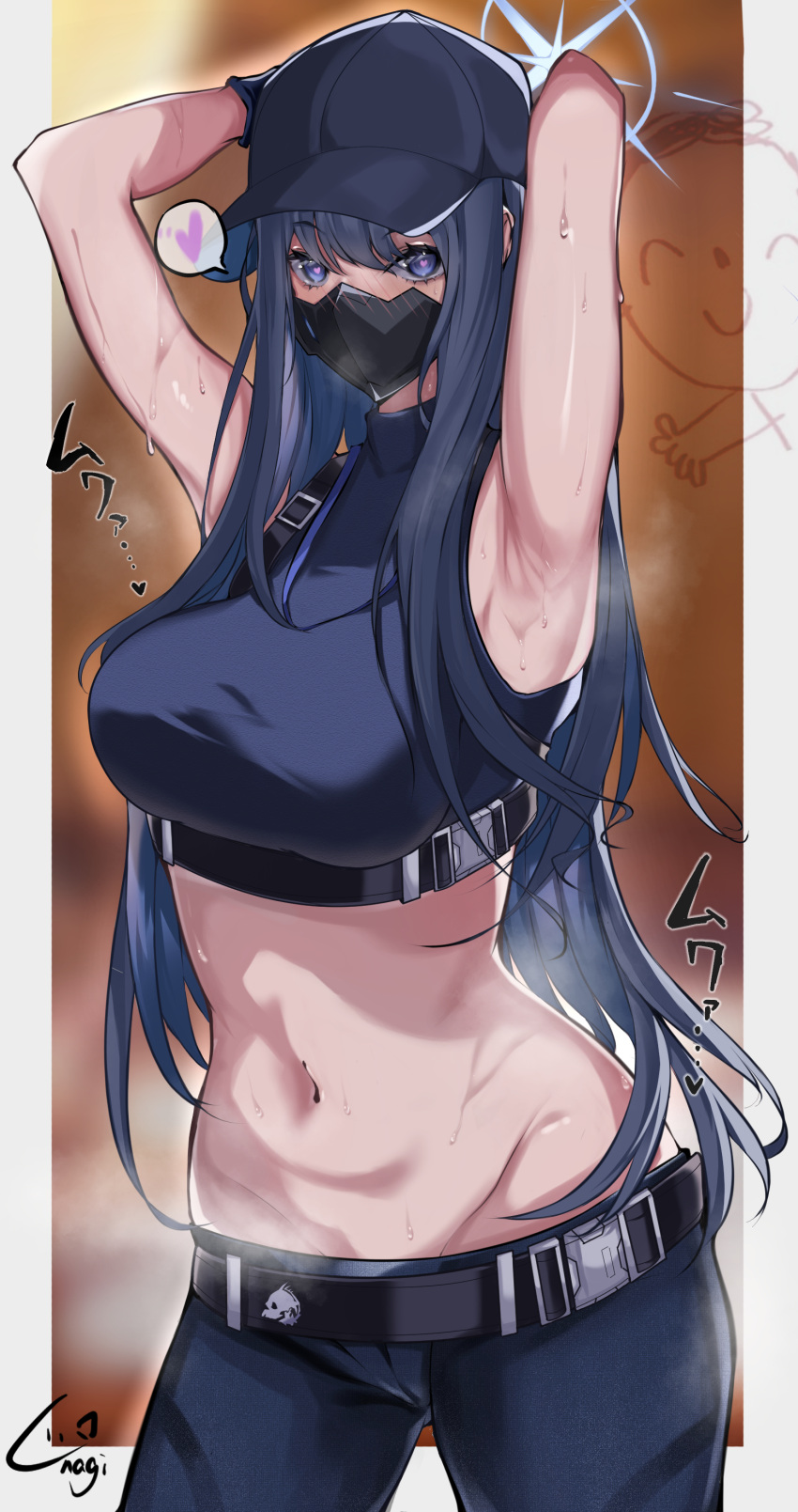 1girl absurdres armpits arms_up bangs bare_shoulders baseball_cap belt black_belt black_gloves black_hair black_headwear black_mask black_pants black_shirt blue_archive blue_eyes blush border breasts chest_harness commentary_request cowboy_shot crop_top gambaru_unagi gloves groin halo harness hat heart heart-shaped_pupils highres long_hair looking_at_viewer mask medium_breasts midriff mouth_mask navel pants partial_commentary presenting_armpit saori_(blue_archive) sensei_(blue_archive) shirt signature sleeveless sleeveless_shirt smell snap-fit_buckle solo spoken_heart standing steaming_body sweat symbol-shaped_pupils underbust white_border