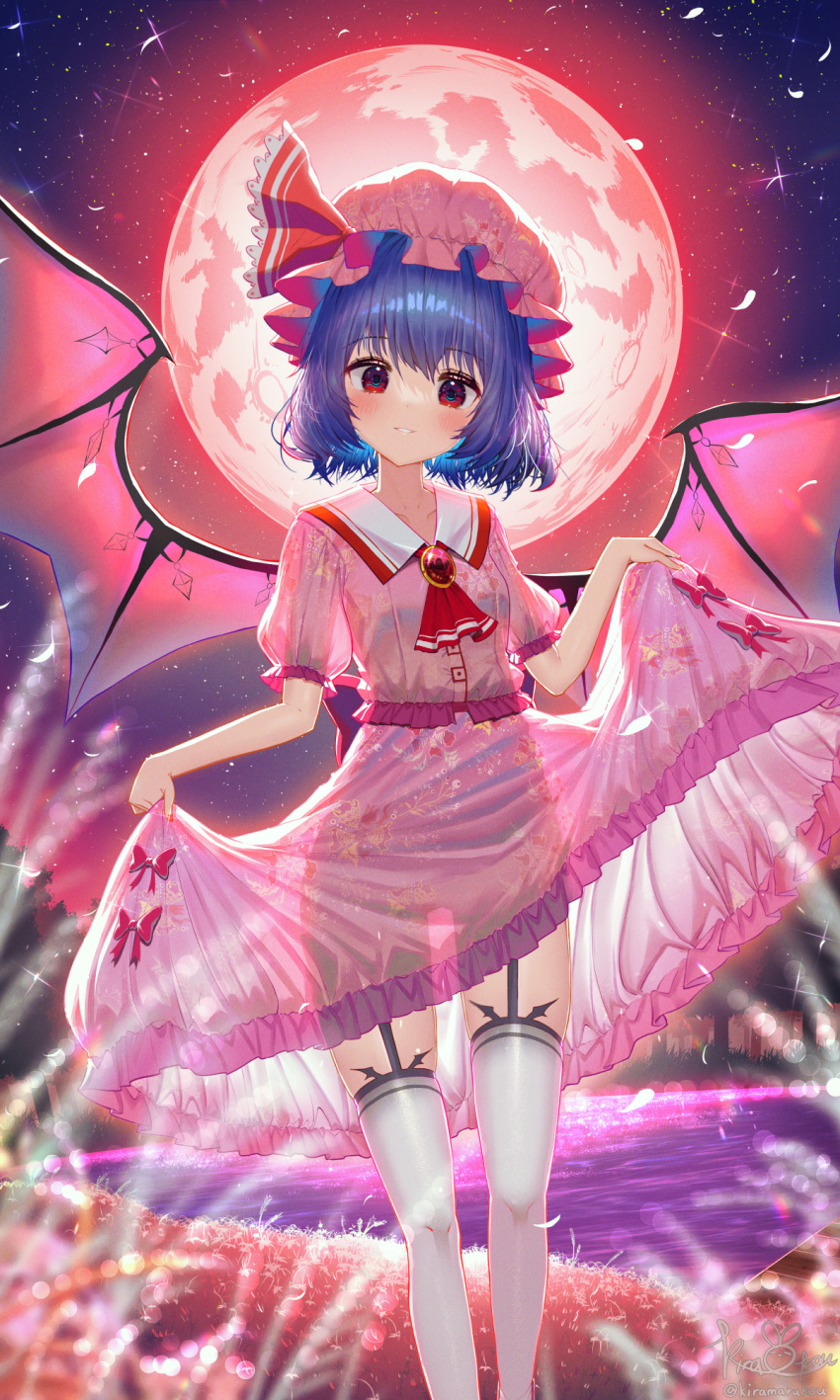 1girl artist_name ascot bangs bat_wings blue_hair blurry blurry_foreground blush brooch feet_out_of_frame garter_straps gem hat hat_ribbon highres jewelry kiramarukou looking_at_viewer mob_cap moon outdoors parted_lips pink_headwear pink_shirt pink_skirt puffy_short_sleeves puffy_sleeves red_ascot red_eyes red_gemstone red_moon red_ribbon remilia_scarlet ribbon see-through see-through_silhouette shirt short_hair short_sleeves signature skirt skirt_hold sky smile solo standing star_(sky) starry_sky thighhighs touhou twitter_username white_thighhighs wings