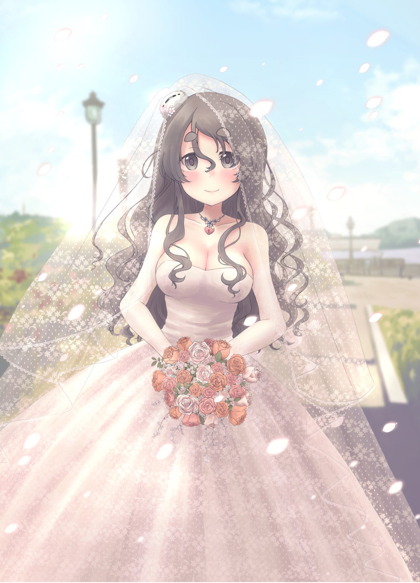 absurdres alternate_costume blue_sky bouquet breasts bridal_veil brown_eyes cloud day dress elbow_gloves flower gloves grey_hair hair_between_eyes hat heart_lock_(kantai_collection) highres holding holding_bouquet jewelry kantai_collection large_breasts long_hair looking_at_viewer mini_hat mizunototori necklace outdoors pink_flower pink_rose pola_(kancolle) red_flower red_rose rose sky smile standing strapless strapless_dress tilted_headwear veil wavy_hair wedding wedding_dress white_dress white_flower white_gloves white_rose