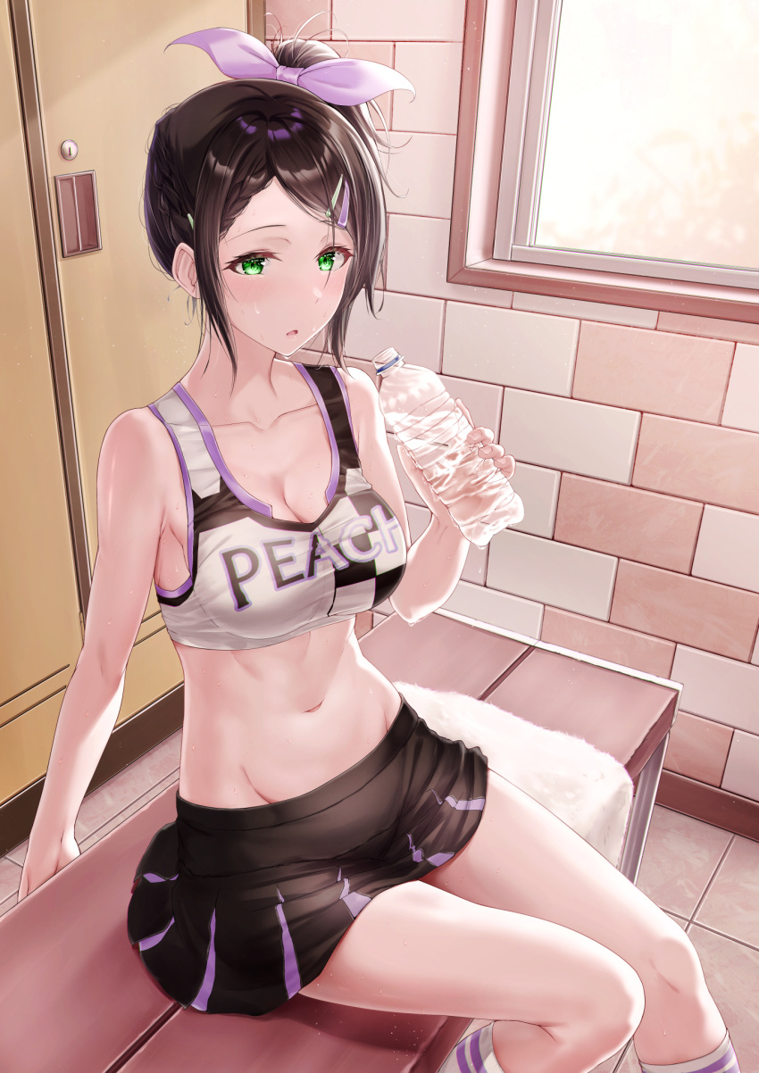 1girl bare_arms bench black_hair black_skirt blush bottle breasts brick_wall cleavage collarbone commentary_request green_eyes hair_ornament hair_ribbon hairclip highres holding holding_bottle kneehighs locker locker_room medium_breasts meen_(ouaughikepdvrsf) navel open_mouth original pleated_skirt ribbon short_hair side_ponytail sidelocks sitting skirt socks solo sports_bra stomach water_bottle window