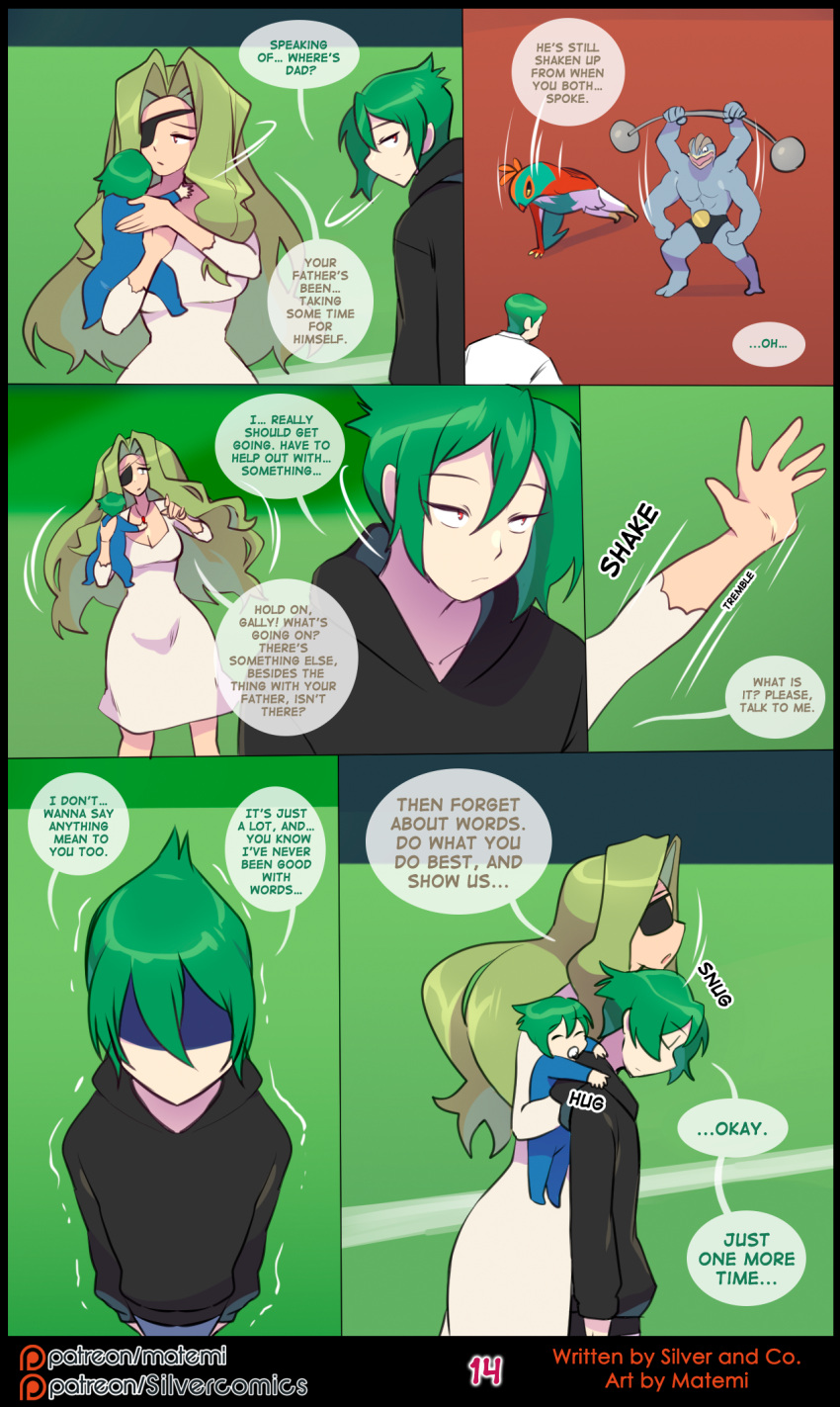 2021 avian bottomwear breasts circus cleavage clothed clothing comic dress duffel_bag english_text eye_patch eyes_closed eyewear facial_hair female flags forest gavin_(sirgallade) generation_1_pokemon generation_6_pokemon green_hair greta_(sirgallade) hair hawlucha hi_res human jewelry machamp male mammal matemi mustache necklace nintendo pants plant pokemon pokemon_(species) purple_eyes purple_sclera red_eyes shirt sir_gallade sweater tent text topwear tree video_games weights