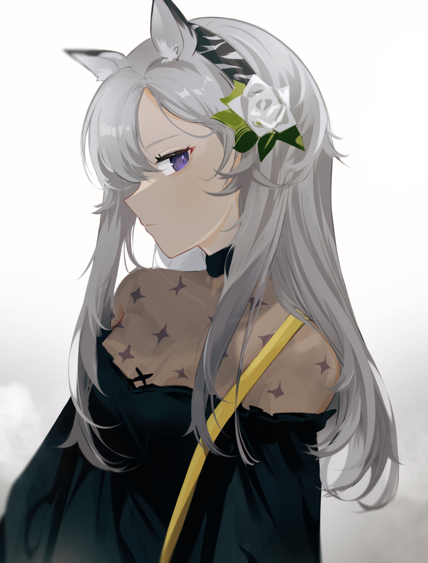 1girl absurdres animal_ears animal_print arknights black_dress black_hairband dress flower grey_hair gupipy hair_flower hair_ornament hairband heavyrain_(arknights) heavyrain_(tranquil_moss)_(arknights) highres horse_ears horse_girl long_hair long_sleeves looking_at_viewer official_alternate_costume print_hairband purple_eyes sideways_glance simple_background solo striped striped_hairband upper_body white_background white_flower zebra_print