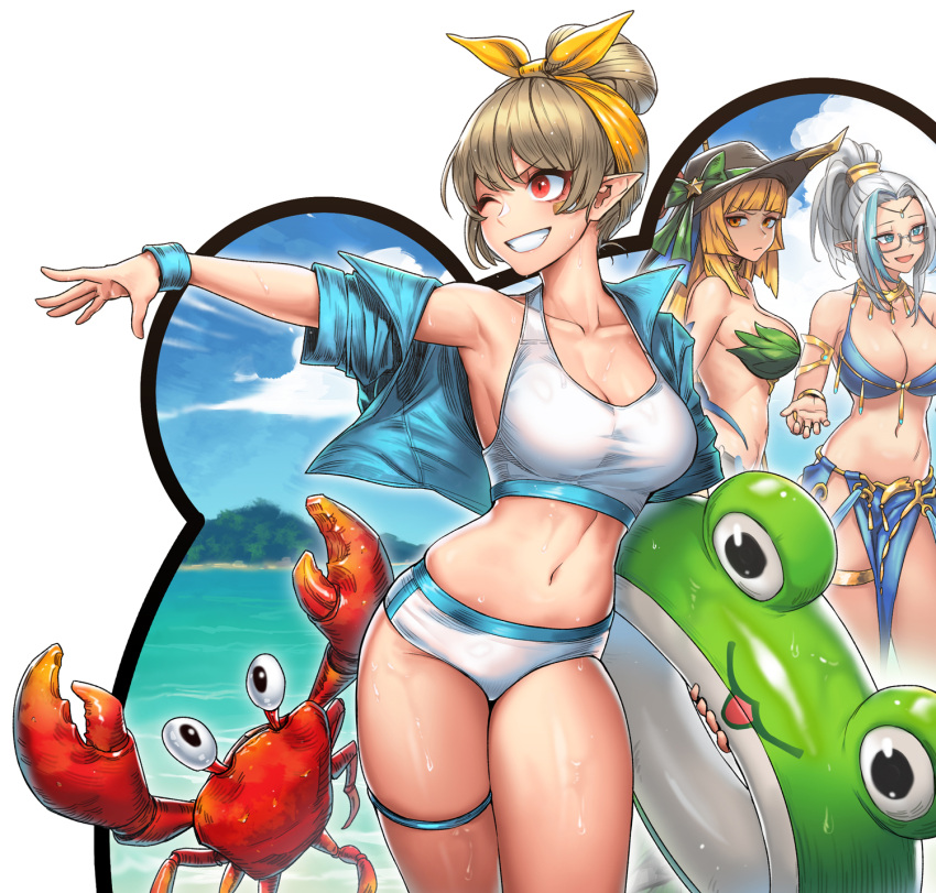 3girls blonde_hair blue_jacket cain_(gunnermul) crab dungeon_and_fighter hair_bun highres holding_floatie ikki_the_vikki jacket light_brown_hair multiple_girls open_mouth outstretched_hand pointy_ears red_eyes shirt short_sleeves shorts smile swimsuit teeth thigh_strap water white_hair white_shirt white_shorts wristband