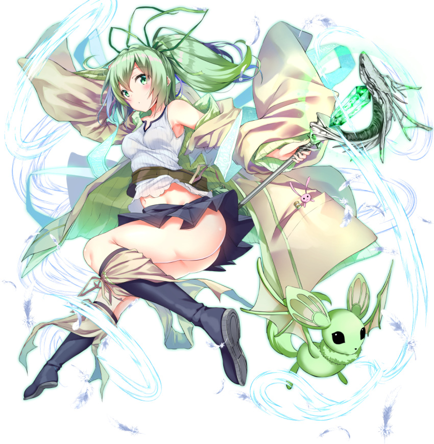 1girl ass bangs black_footwear black_skirt breasts brown_cloak cloak commentary_request duel_monster gem green_eyes green_hair hair_between_eyes hair_ribbon highres holding holding_staff kneehighs long_hair looking_at_viewer navel ribbed_shirt ribbon shirt simple_background skirt small_breasts socks staff thighs white_background white_shirt wide_sleeves wynn_(yu-gi-oh!) wynn_the_wind_charmer_verdant yu-gi-oh! yukishiro_arte