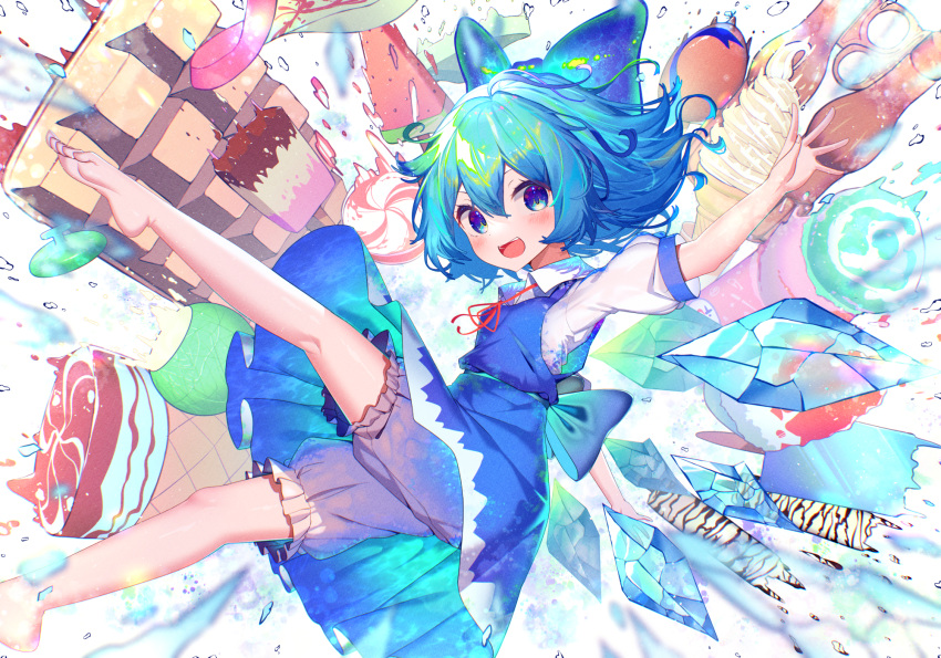 1girl :d arm_up bangs barefoot bloomers blue_bow blue_dress blue_eyes blue_hair blush bow cake cirno collared_shirt dress floating_hair food foot_out_of_frame frills hair_between_eyes hair_bow happy highres ice ice_cream ice_cream_cone ice_wings kiramarukou looking_at_viewer neck_ribbon open_mouth outstretched_arm popsicle puffy_short_sleeves puffy_sleeves red_ribbon ribbon shaved_ice shirt short_hair short_sleeves smile soft_serve solo touhou underwear white_bloomers white_shirt wings