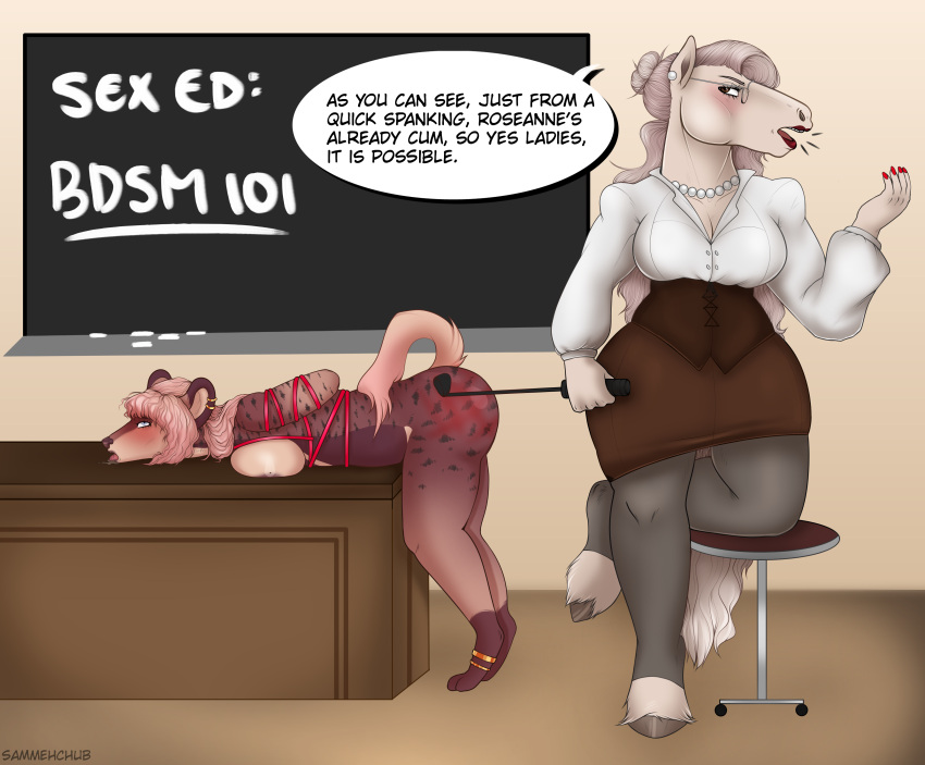 absurd_res anthro bdsm bent_over breast_squish breasts classroom clothed clothing dialogue draft_horse duo equid equine female female/female harness hi_res horse hyaenid mammal sammehchub school spank_marks spanking squish student teacher teacher_and_student teacher_clothing teacher_on_student whip whip_mark