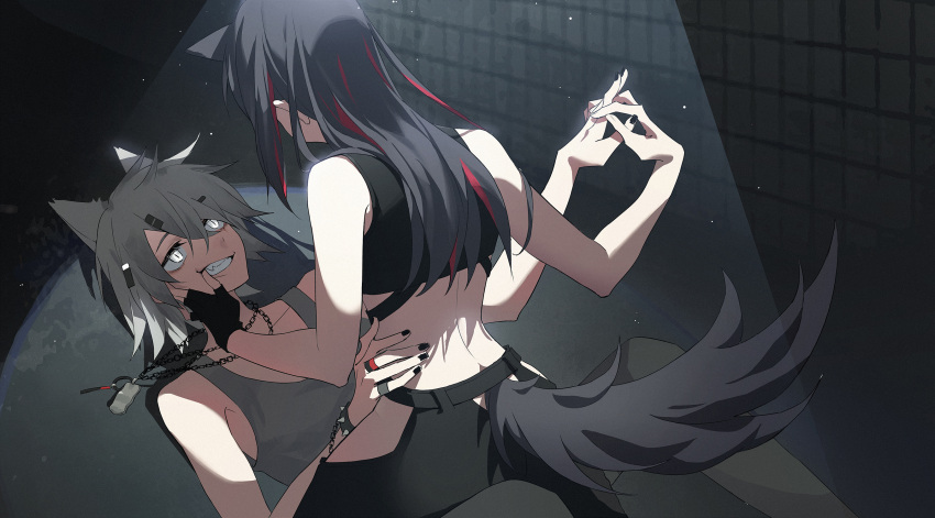 2girls ambience_synesthesia animal_ears arknights black_gloves black_hair black_nails cropped_shirt extra_ears finger_in_another's_mouth fingerless_gloves from_behind girl_on_top gloves grey_eyes grey_hair grey_tank_top hair_ornament hairclip highres holding_hands jewelry lappland_(arknights) long_hair lying midriff multicolored_hair multiple_girls mumu_(leelee_mumu) necklace on_back sharp_teeth shirt short_hair single_glove streaked_hair tail tail_through_clothes tank_top teeth texas_(arknights) white_shirt wolf_ears wolf_girl wolf_tail yuri