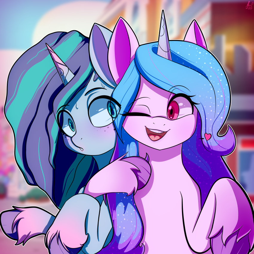 &lt;3 absurd_res alexsandercesa6 blue_body blue_eyes blue_fur blue_hair blue_hooves blush bodily_fluids duo equid equine eyelashes female feral fetlocks freckles fur hair hasbro hi_res hooves horn izzy_moonbow_(mlp) mammal misty_(g5) mlp_g5 my_little_pony one_eye_closed open_mouth open_smile pink_eyes purple_body purple_fur purple_hooves smile sweat sweatdrop unicorn unicorn_horn wink