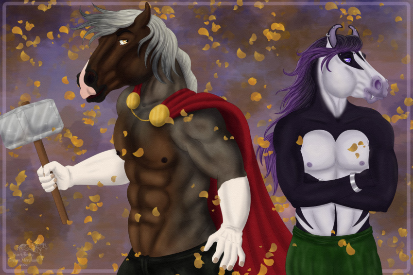 2022 5_fingers anthro bare_chest bracelet cape clothed clothing crossed_arms digital_media_(artwork) donner_(morrigan_the_marwari) draft_horse dream_merchant duo equid equine facial_markings fingers hair hammer head_markings horse jewelry looking_at_another looking_away looking_back male mammal markings multicolored_hair nipples partially_clothed purple_eyes saron_(morrigan_the_marwari) tools two_tone_hair yellow_eyes