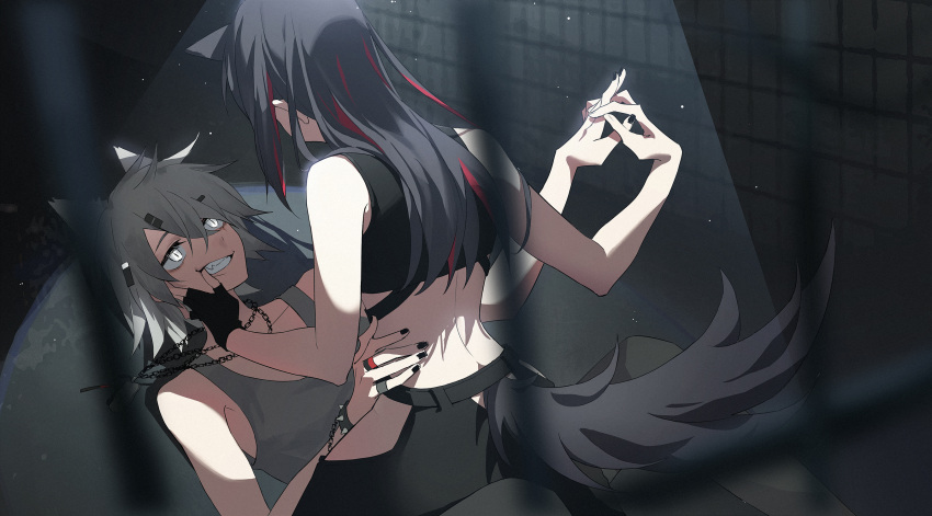 2girls ambience_synesthesia animal_ears arknights bars black_gloves black_hair black_nails cropped_shirt extra_ears finger_in_another's_mouth fingerless_gloves from_behind girl_on_top gloves grey_eyes grey_hair grey_tank_top hair_ornament hairclip highres holding_hands jewelry lappland_(arknights) long_hair lying midriff multicolored_hair multiple_girls mumu_(leelee_mumu) necklace on_back sharp_teeth shirt short_hair single_glove streaked_hair tail tail_through_clothes tank_top teeth texas_(arknights) white_shirt wolf_ears wolf_girl wolf_tail yuri