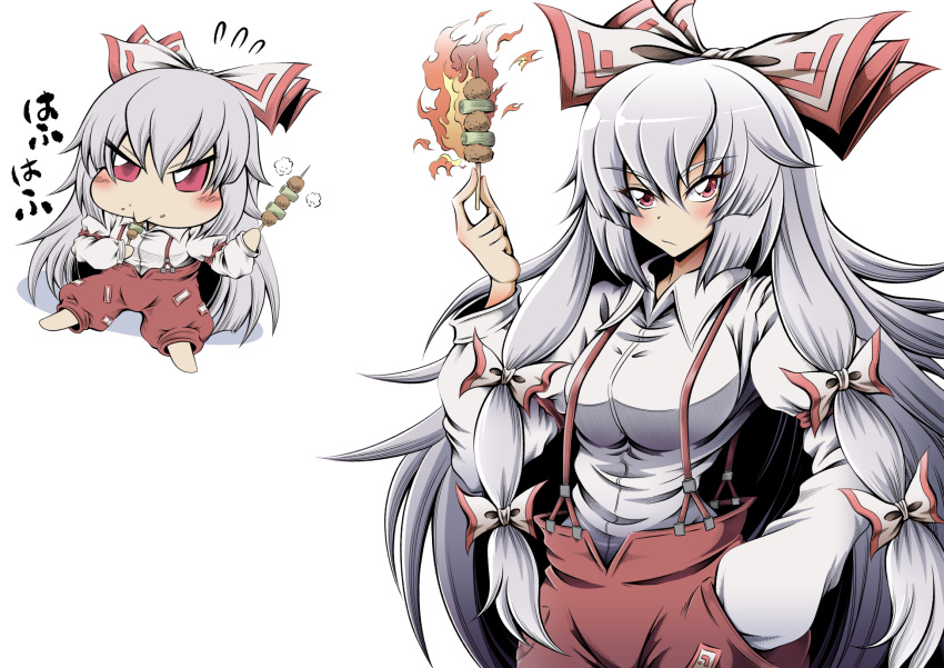 :/ bow breasts closed_mouth collared_shirt eating fire food fujiwara_no_mokou grey_hair hair_bow hand_in_pocket hidefu_kitayan highres holding holding_food large_breasts long_hair long_sleeves looking_at_viewer multiple_bows pants pyrokinesis red_eyes red_pants shirt simple_background suspenders touhou white_background white_shirt