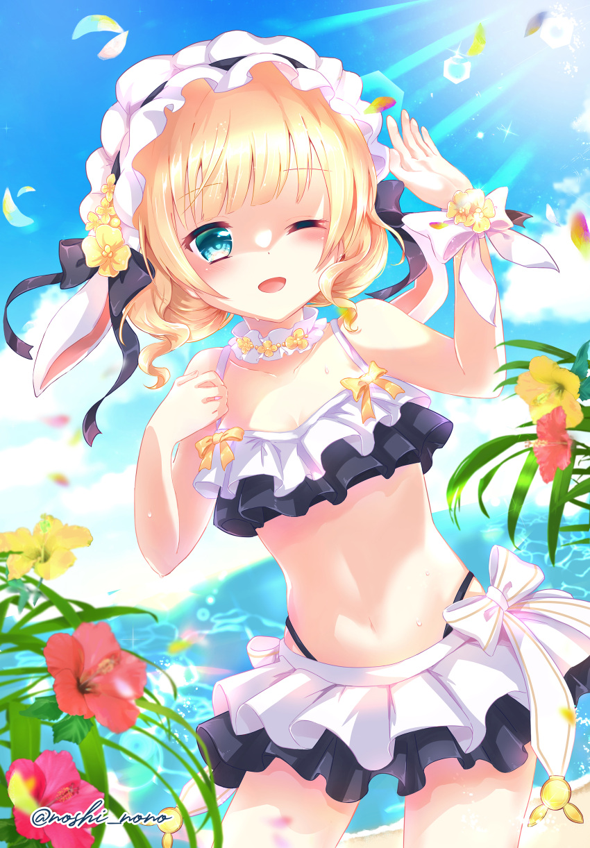 1girl ;d absurdres adapted_costume bikini bikini_skirt black_bikini black_bow blonde_hair blue_sky bow choker collarbone cowboy_shot day flower frilled_bikini frills gochuumon_wa_usagi_desu_ka? green_eyes hair_bow hair_flower hair_ornament hibiscus highres kirima_syaro layered_skirt long_hair miniskirt navel noshi_nono ocean one_eye_closed pleated_skirt red_flower shiny shiny_hair skirt sky smile solo standing sunlight swimsuit twitter_username two-tone_bikini white_bikini white_bow white_choker wrist_bow yellow_bow yellow_flower